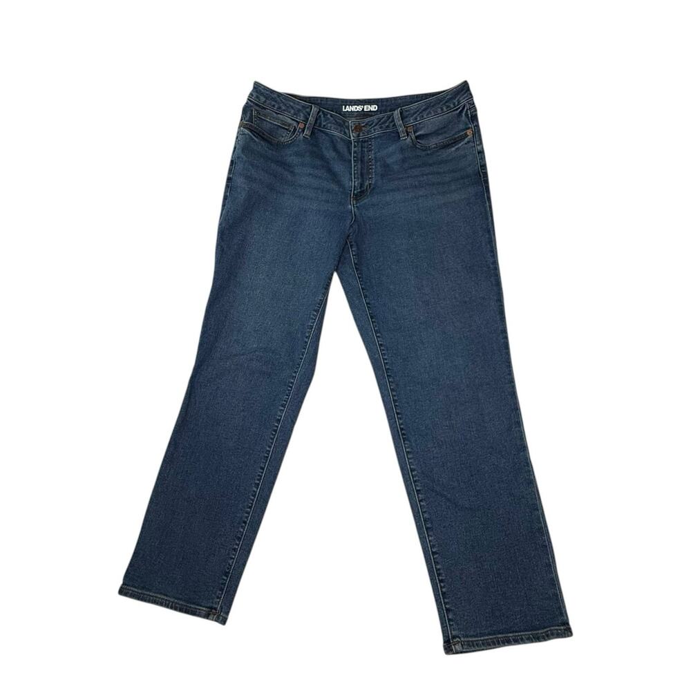 Lands End Womens Petite Sz 14 Straight Leg Denim Medium Wash Blue Jeans EUC